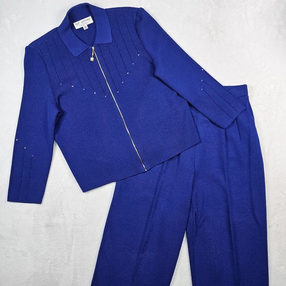 St John’S Bay Pants - Vtg St John Pant Suit Jacket Marie Gray Women 6 Knit Royal Gold Full Zip Pull On